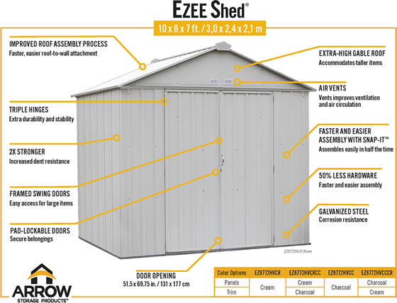 Arrow 10x8 Ezee Shed Charcoal & Cream - Features