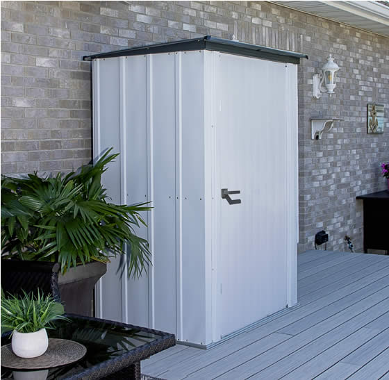 Arrow 4x3 Spacemaker Patio Shed Kit Assembled On Home Deck