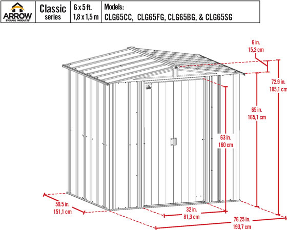 Arrow 6x5 Sage Green Classic Steel Shed Kit Measurements Diagram