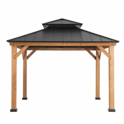 Sunjoy Outdoor Patio Black 2-Tier Wooden Frame Backyard Hardtop Gazebo with Ceiling Hook